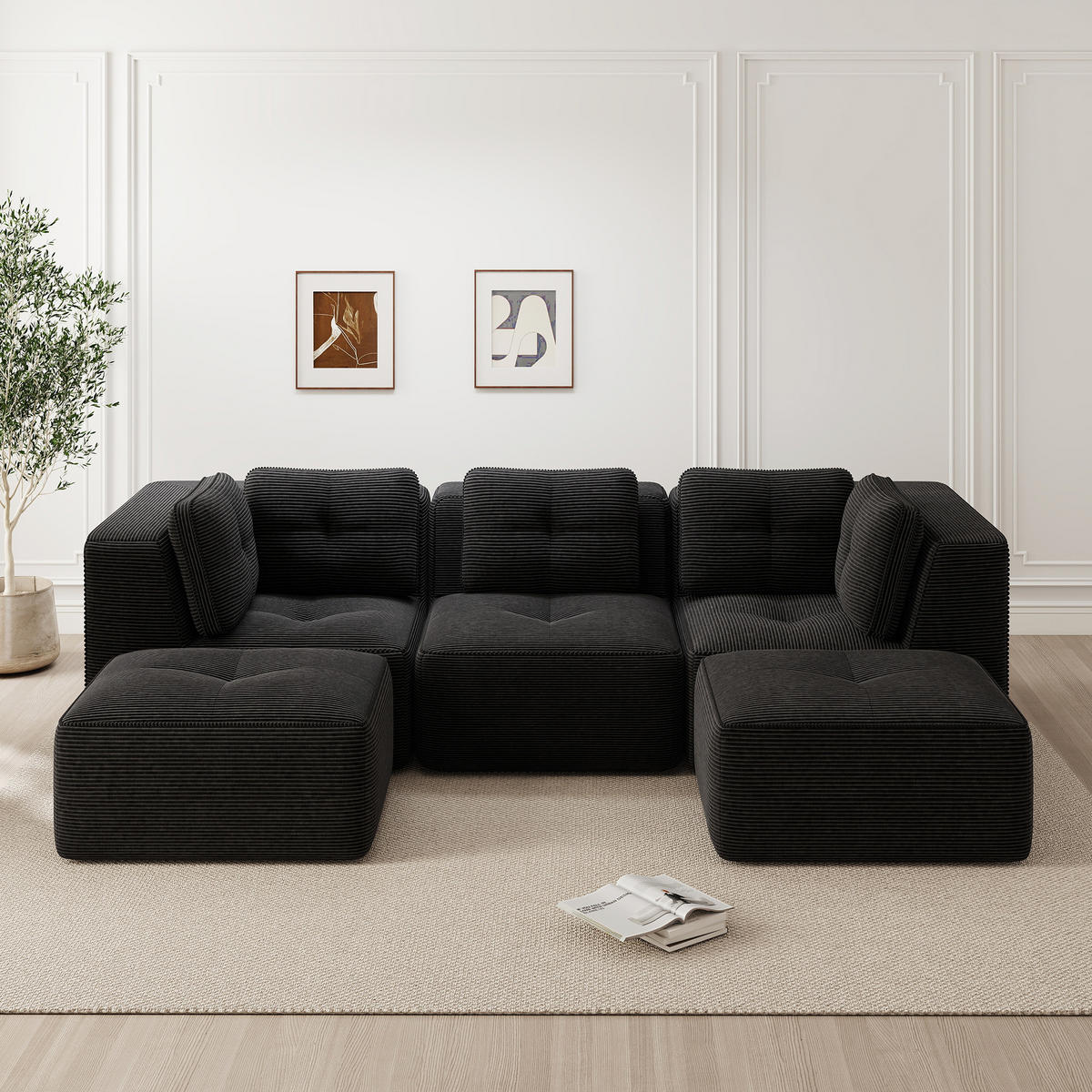 WOHNLANDSCHAFT Cord Schwarz - Schwarz, Textil (297/69/177cm) - WISHDOR