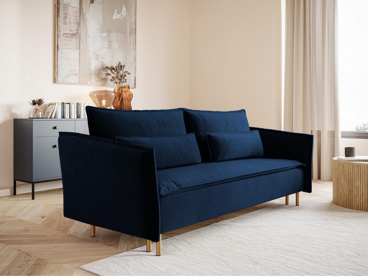 SCHLAFSOFA Ummo Dunkelblau Velours - Goldfarben/Dunkelblau, Textil/Metall (230/88/90cm) - Selsey