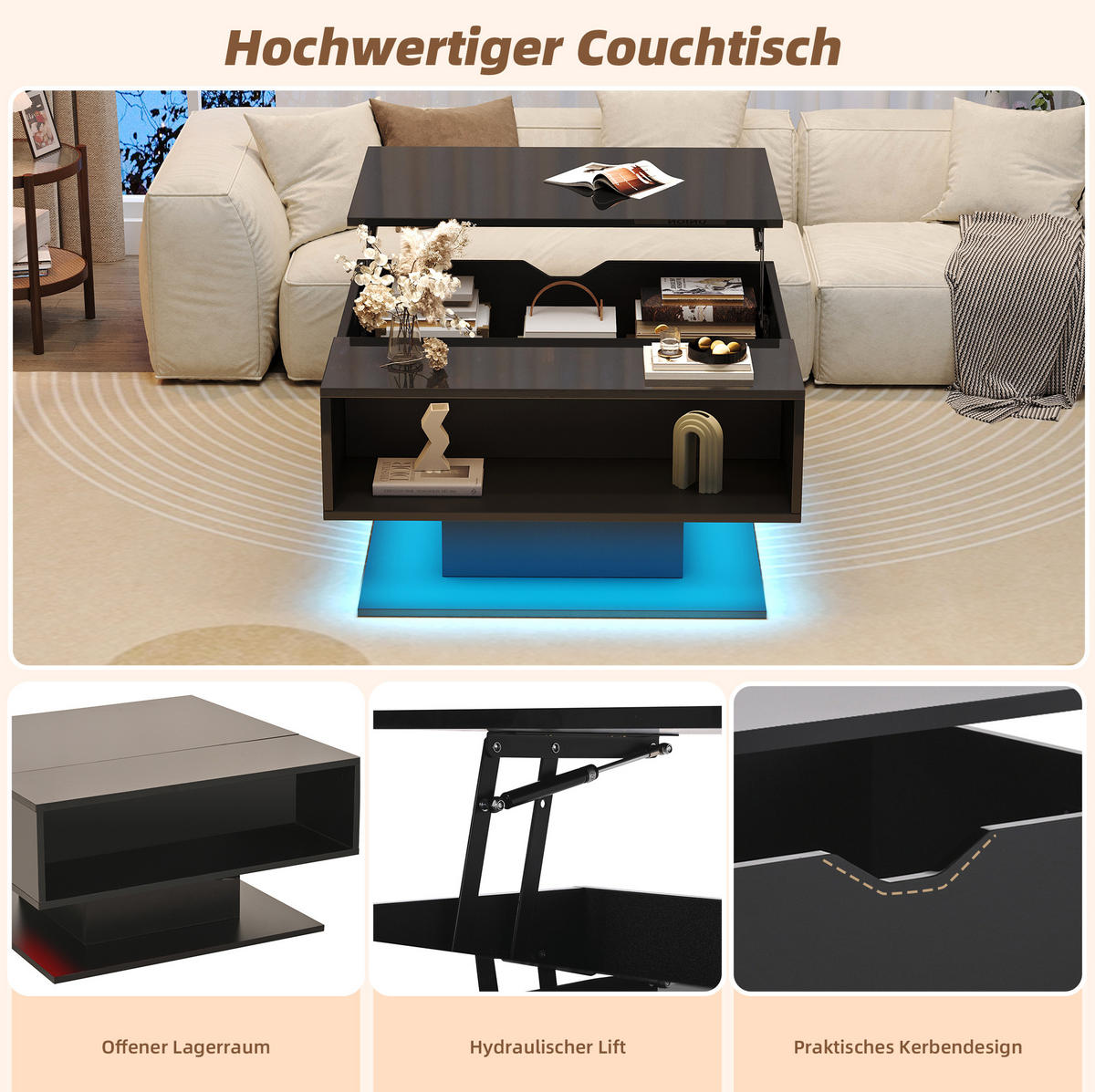 COUCHTISCH aus Spanplatte 80x75x40 cm Schwarz mit Hubfunktion, Stauraum und LED-Beleuchtung - Schwarz, Holzwerkstoff (75/80/40cm) - IVMEU