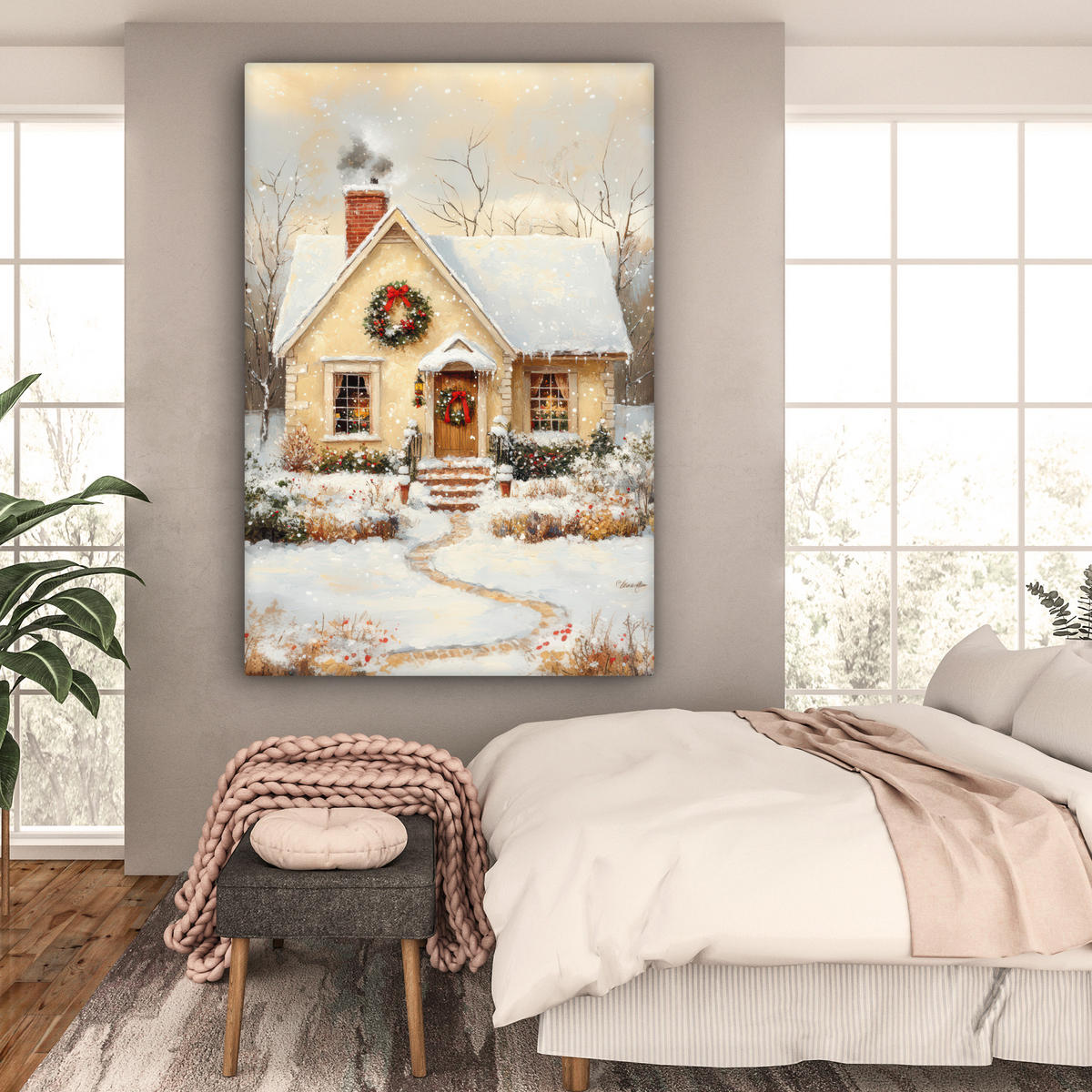 OBRAZ NA PLÁTNĚ Vánoce - Domov - Zima - Sníh 90x140 cm - krémová, textil (90/140cm) - MuchoWow