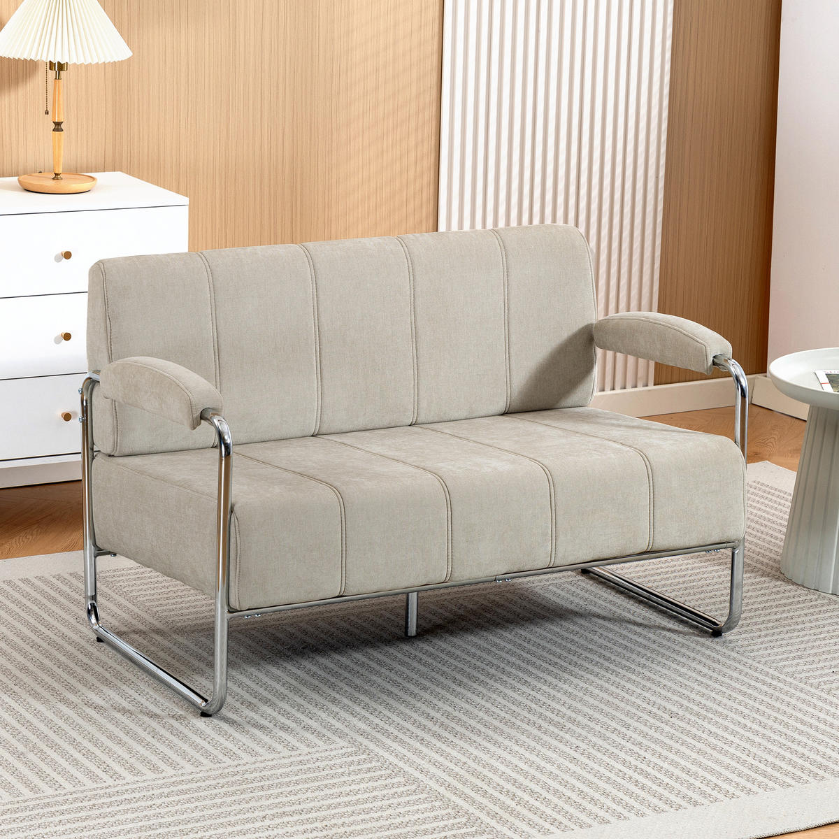 SOFA, 2-Sitzer, Chenille, Stahl/Schaumstoff, beige, 120x73x76cm - Multicolor, Holzwerkstoff (120/76/73cm) - FORIOUS
