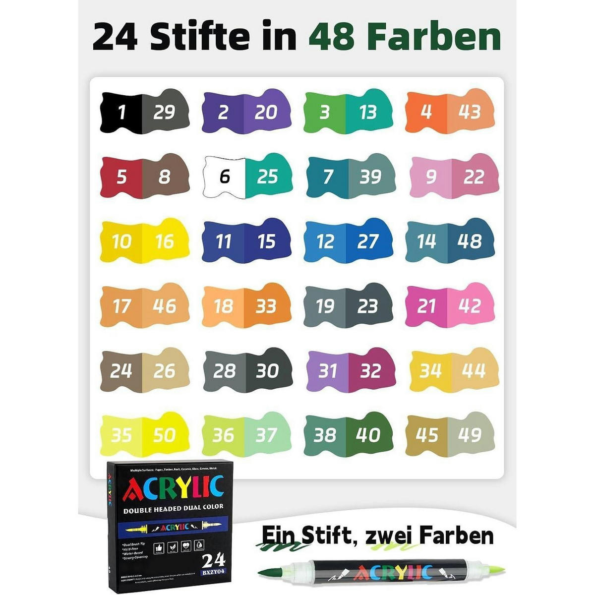 ACRYLSTIFTE Set 24 Stifte mit App Doppelspitze - Multicolor, Kunststoff (1/1/14cm)