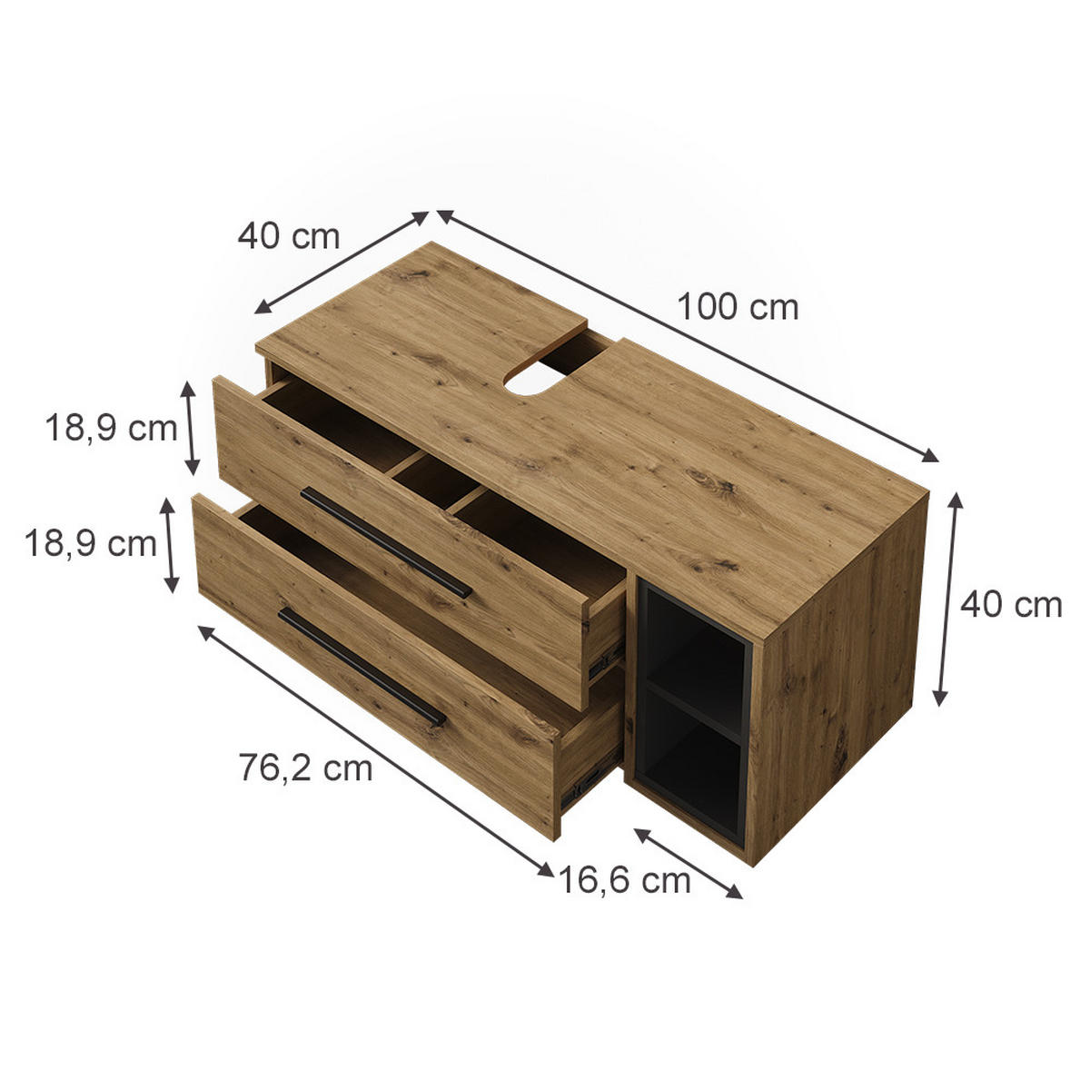 WASCHBECKENUNTERSCHRANK Beatrice, Artisan-Eiche/Anthrazit, 100 x 40 cm mit 2 Schubladen - Anthrazit/Eiche Artisan, Holzwerkstoff (100/40/40cm) - Vicco