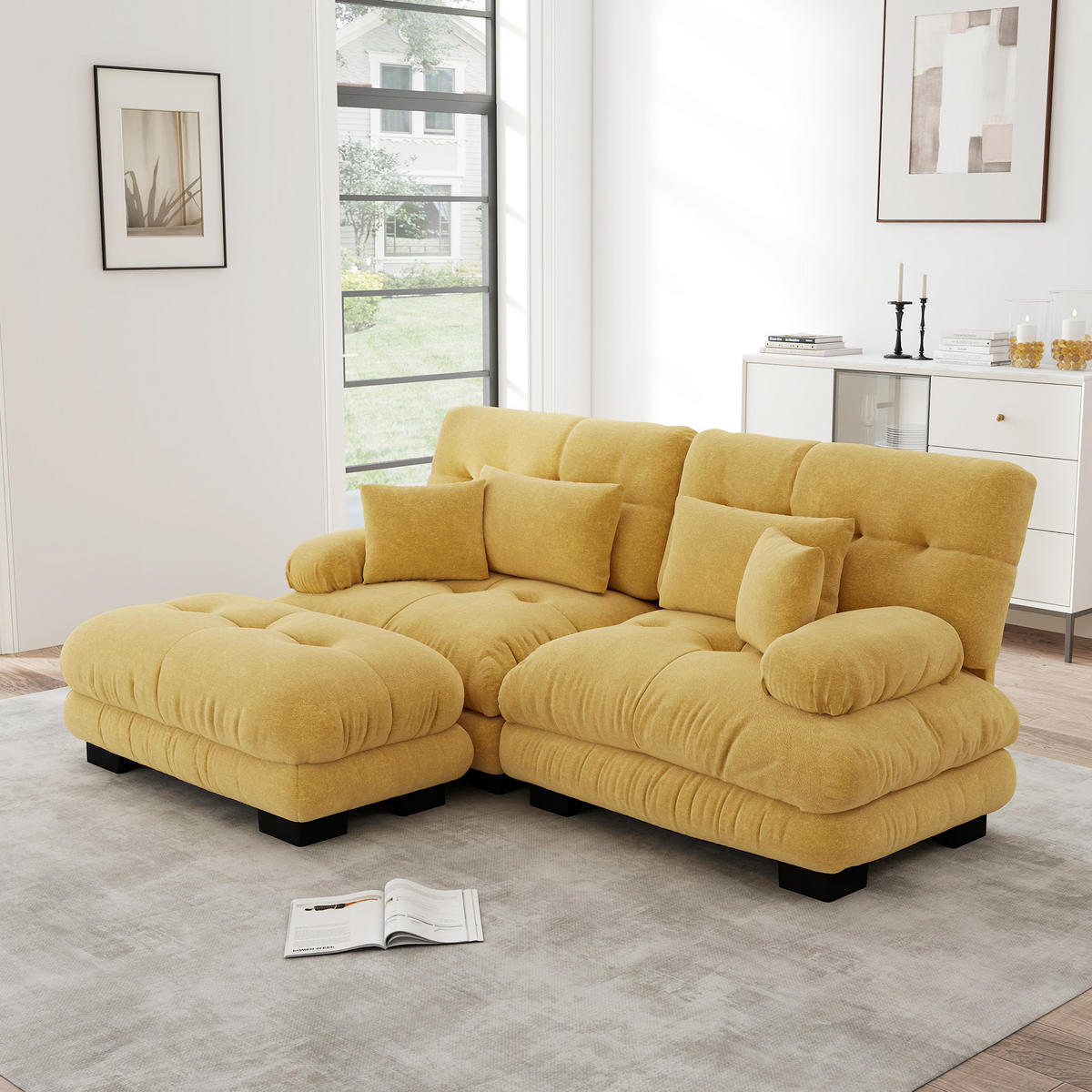 ECKSOFA Chenille Gelb mit Kissen und Ottomane - Gelb, Textil (220/145cm) - WISHDOR