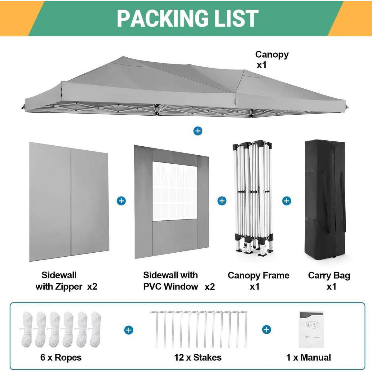 FALTPAVILLON 3 x 6 m Grau mit 6 Seitenteilen - Grau, Textil (300/275/600cm)