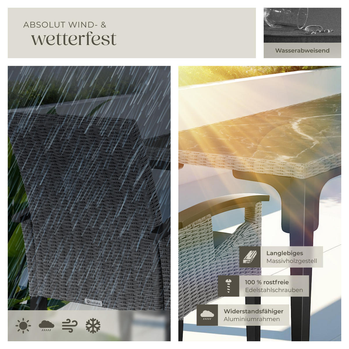 GARTENTISCH Foggia mit 8 Stühlen Rosarno, Armlehnen und Beine aus Holz, grau - Grau, Kunststoff - tectake