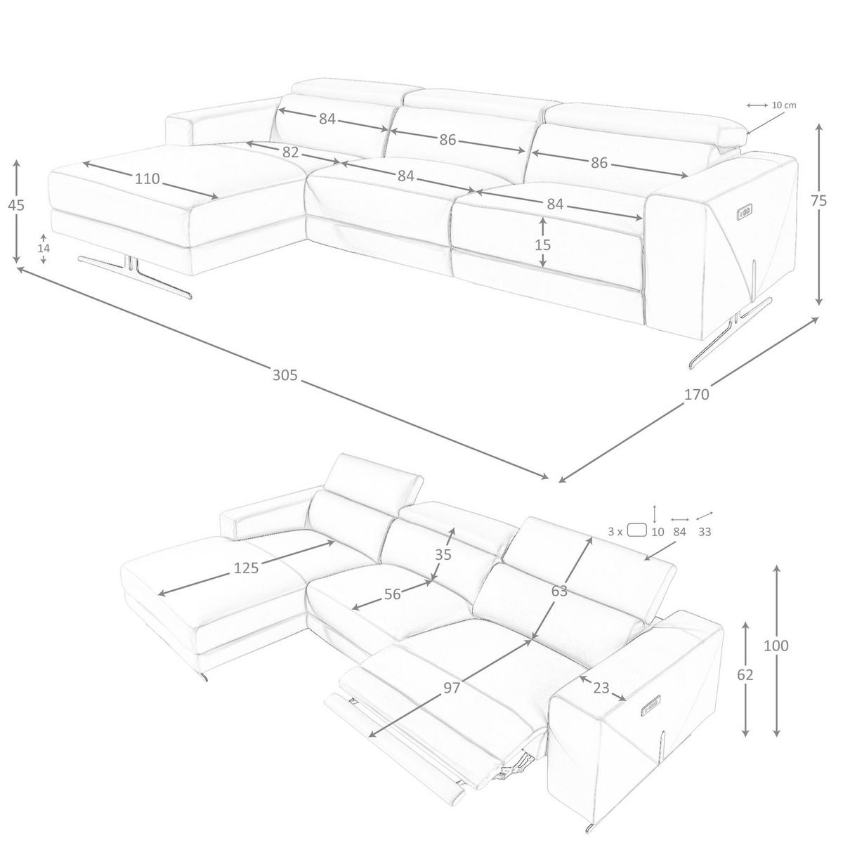 ECKSOFA mit Chaiselongue links aus braunem Leder 305/170/100 cm - Edelstahlfarben/Braun, Leder/Metall (305/170cm) - ANGEL CERDA