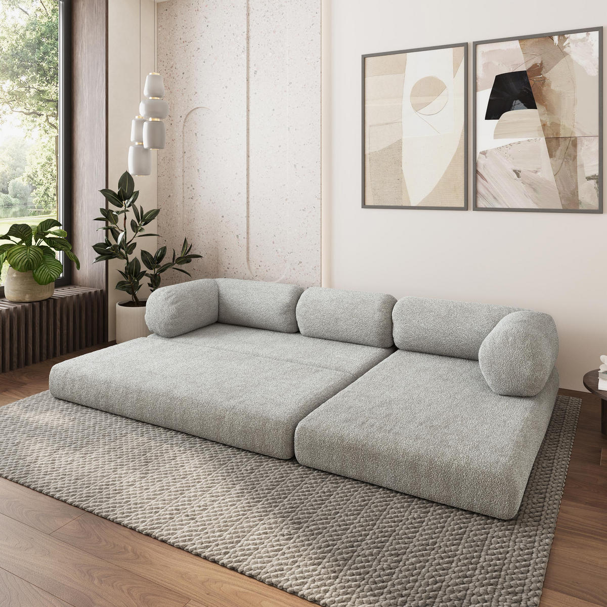 ROHOVÁ SEDAČKA KELI modulární Boneless pohovka s funkcí spaní, světle šedá QUELLE 83 - světle šedá, textil (270/160cm) - MASSENO