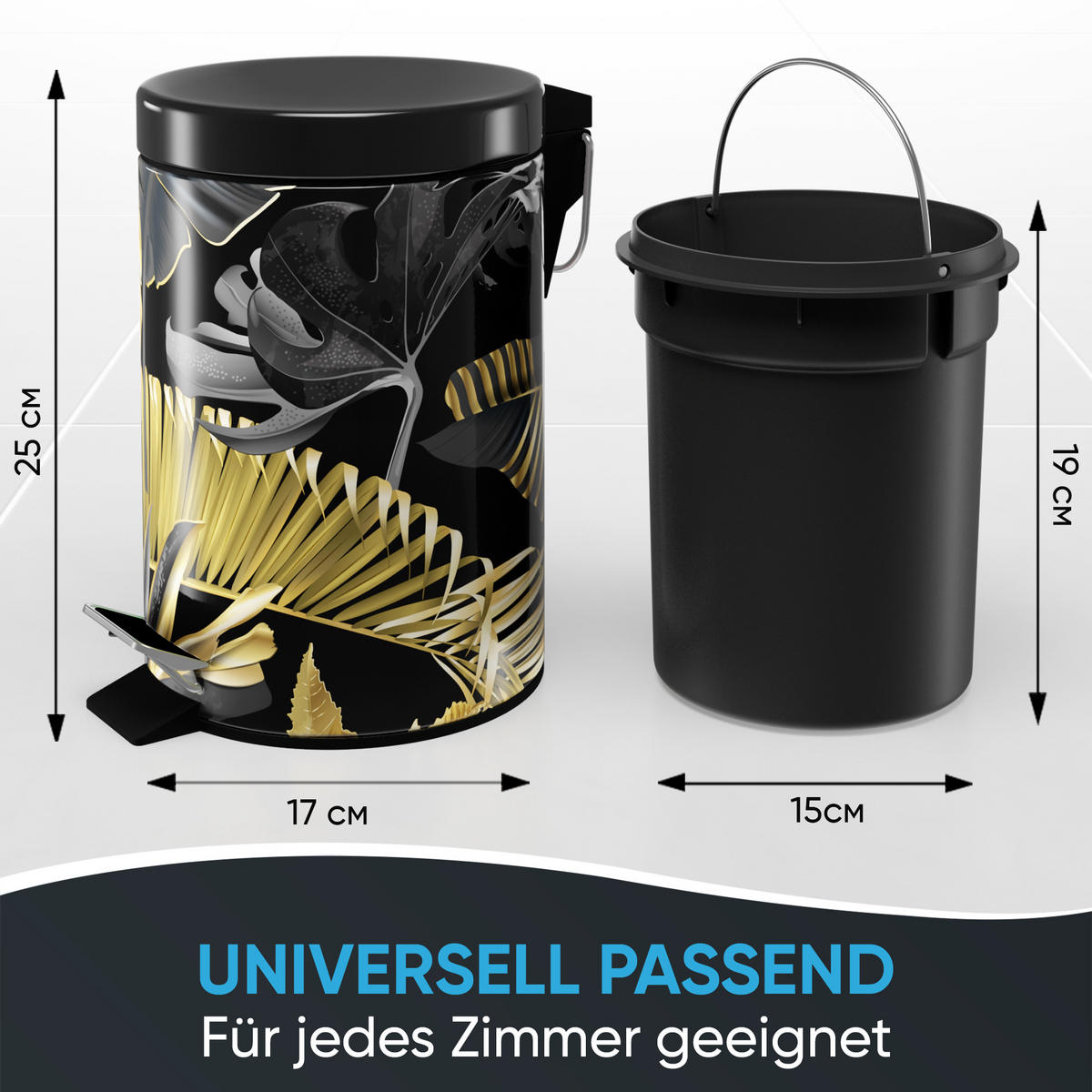 KOSMETIKEIMER Golden Leaves - Goldfarben/Schwarz, Kunststoff/Metall (17/25/25cm) - Sanilo