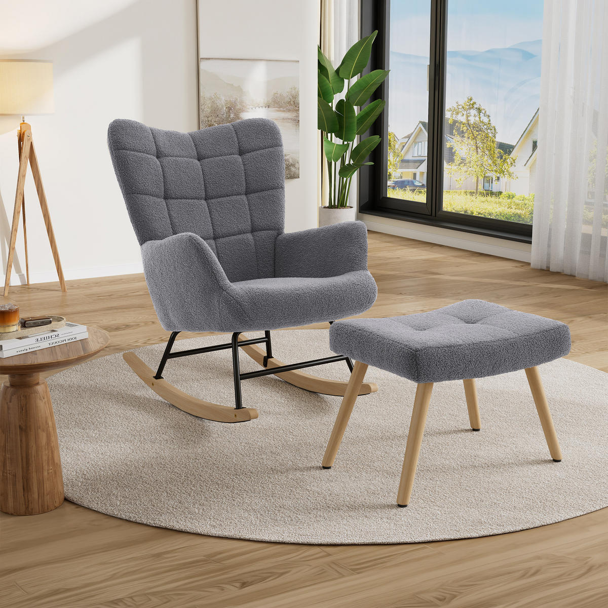 SCHAUKELSTUHL in Grau mit weichem Sherpa-Bezug und Fußhocker - Naturfarben/Grau, Holz/Textil (68/91/88cm) - CHICFURN