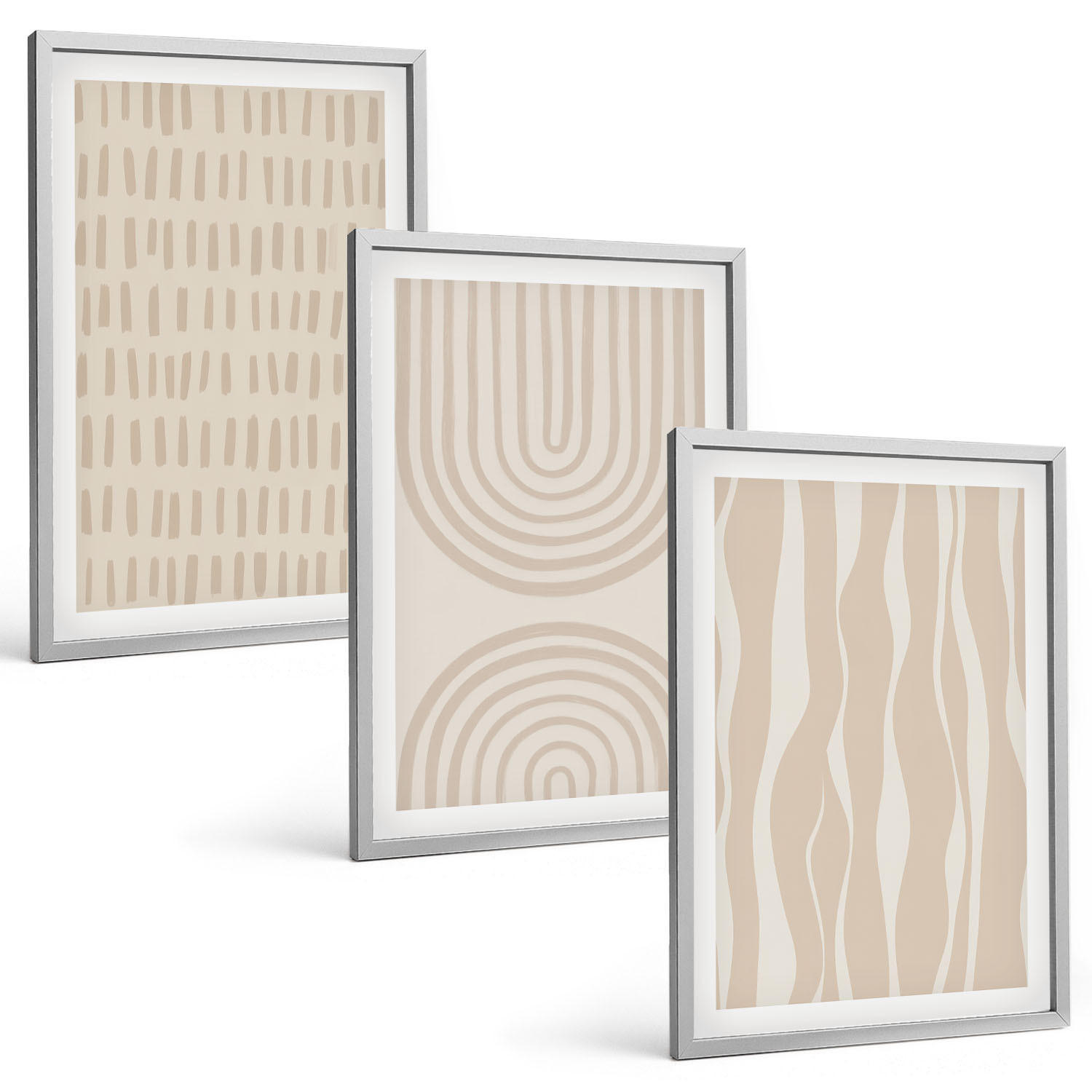 BILDER SET 3er Set - 40x60 cm Silberner Rahmen - Abstrakte beige Muster - Silberfarben, Kunststoff (40/60cm) - TULUP