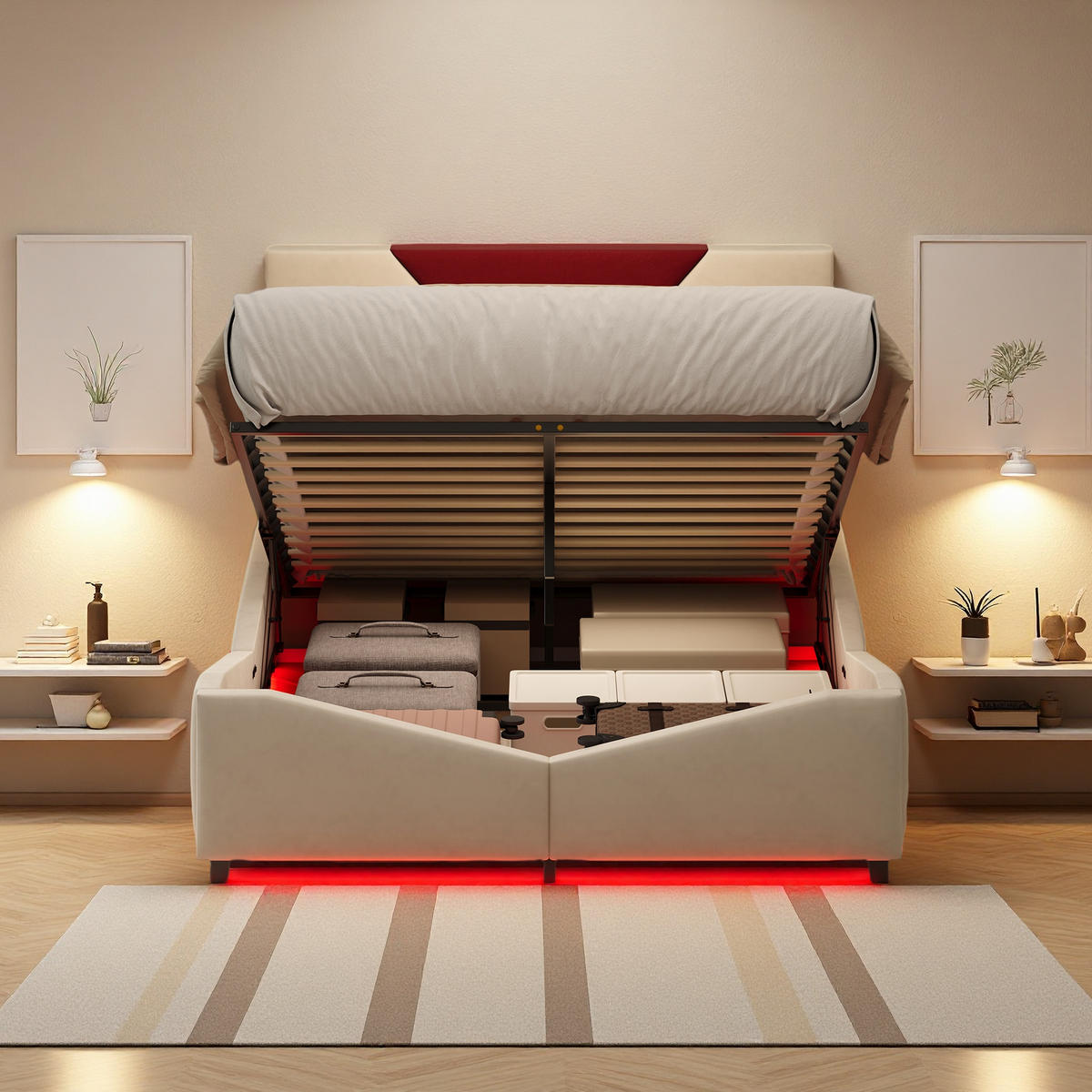 POLSTERBETT 160x200 cm LED Stauraum Holz Lattenrost beige - Beige, Holz (160/200cm) - LEBENLANG