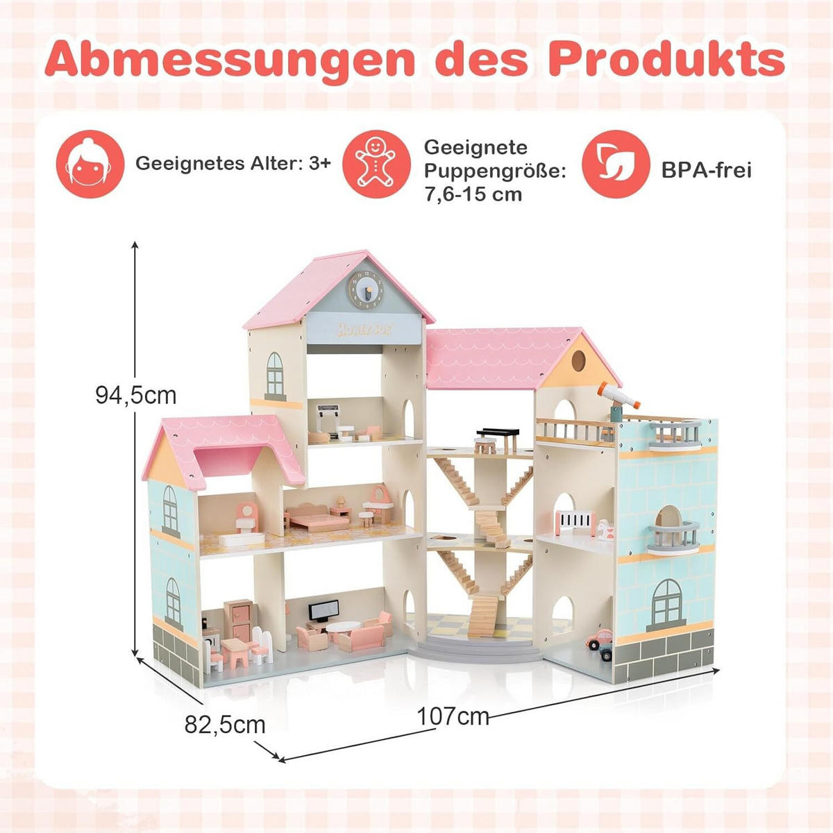 PUPPENHAUS 94cm Rosa - Pink, Holz (32/94/87cm) - COSTWAY