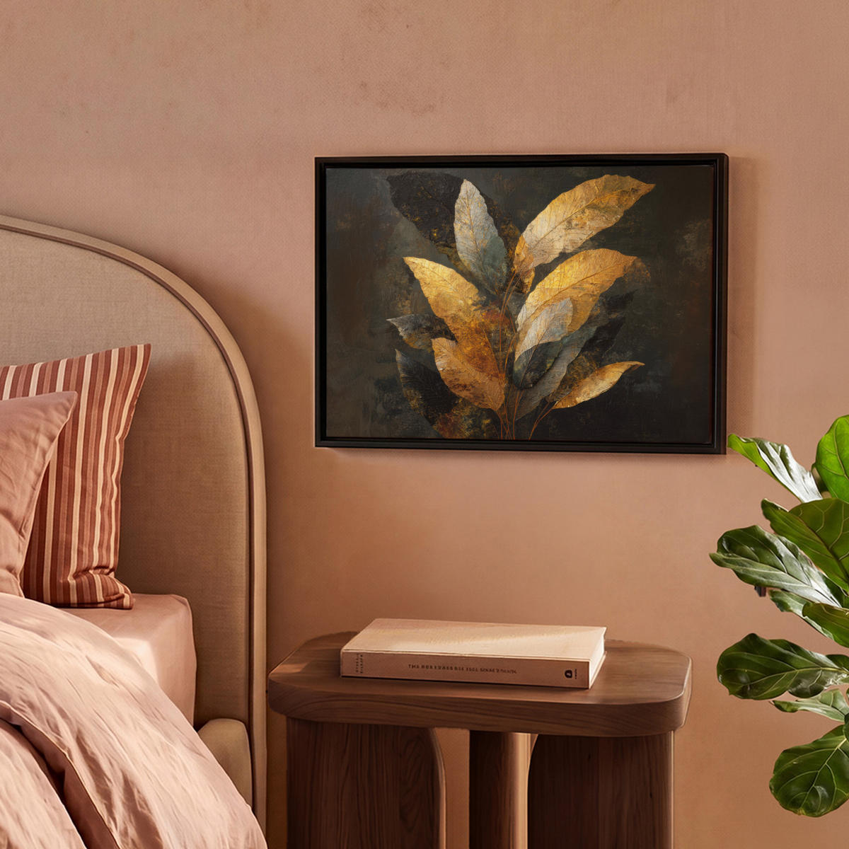 LEINWAND Bilder mit Rahmen - Golden Leaf Komposition - Botanical Luxury - 40x30 - Goldfarben, Textil (40/30cm) - MuchoWow