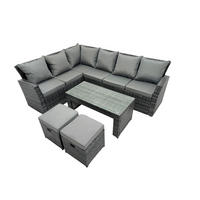 BALKONMÖBEL-SETS mit Ecksofa,Länglicher Couchtisch,2 Hockern Polyrattan Dunkelgrau 8-Sitzer - Dunkelgrau/Grau, Glas/Kunststoff - Fimous