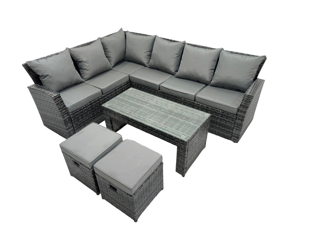 BALKONMÖBEL-SETS mit Ecksofa,Länglicher Couchtisch,2 Hockern Polyrattan Dunkelgrau 8-Sitzer - Dunkelgrau/Grau, Glas/Kunststoff - Fimous