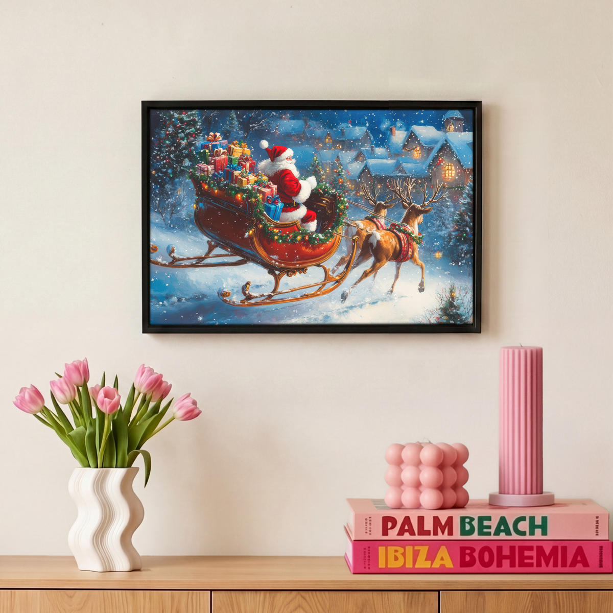 LEINWAND Bilder mit Rahmen - Weihnachtsmann - Rentier - Weihnachten - Schnee - 30x20 - Cognac, Textil (30/20cm) - MuchoWow