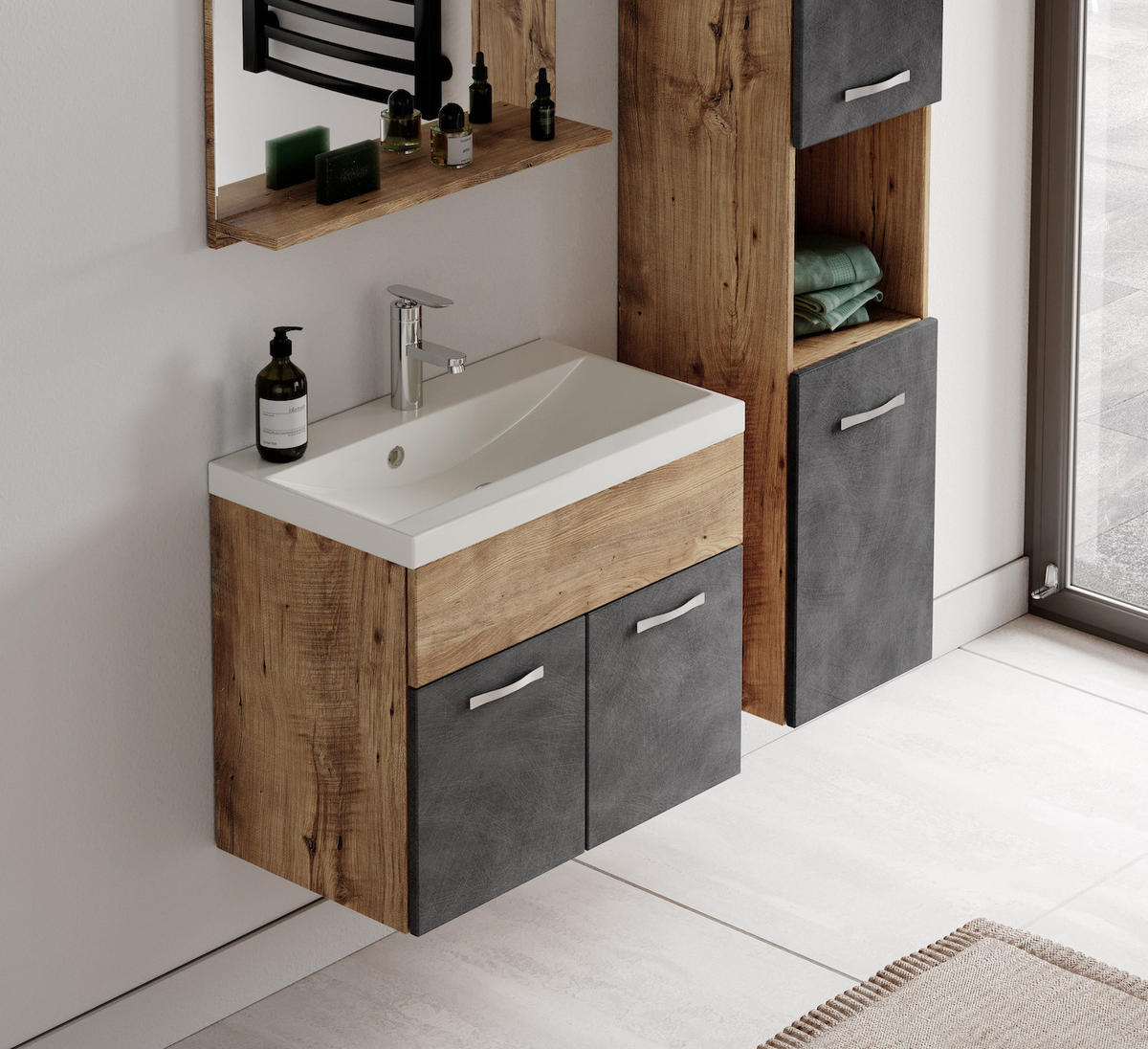 BADMÖBEL-SET Montreal 4 Teile Kastanien Eiche / Grau - 60 x 35 x 51 cm - Eichefarben/Grau, Holz (60/51/35cm) - Badplaats