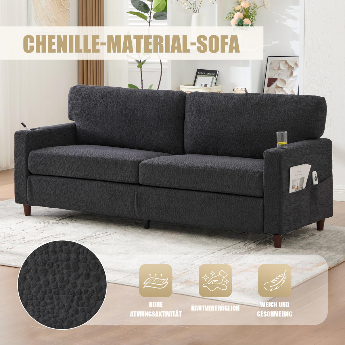 ZWEISITZER Sofa Chenille mit USB-Anschluss LED-Licht und Getränkehaltern 203/77,5/86 cm Dunkelgrau - Dunkelgrau, Textil (77.5/86/203cm) - Redom