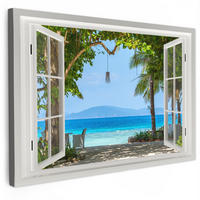 LEINWANDBILD Aussicht - Baum - Meer - Palme - Hügel - Strand - Blau Wanddeko 90x60 cm - Blau, Textil (90/60cm) - MuchoWow