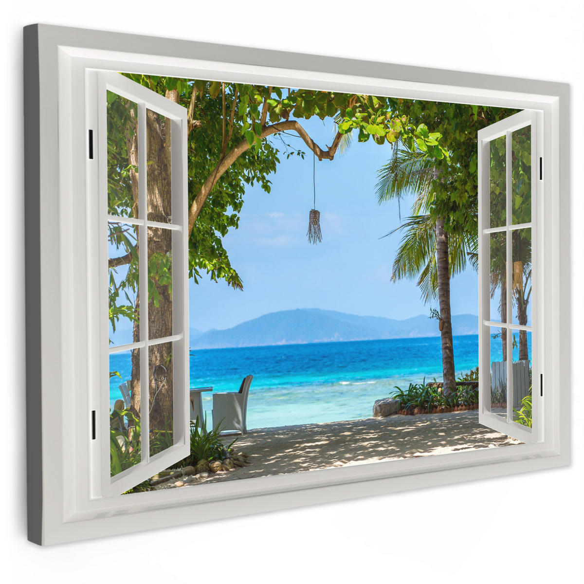 LEINWANDBILD Aussicht - Baum - Meer - Palme - Hügel - Strand - Blau Wanddeko 90x60 cm - Blau, Textil (90/60cm) - MuchoWow