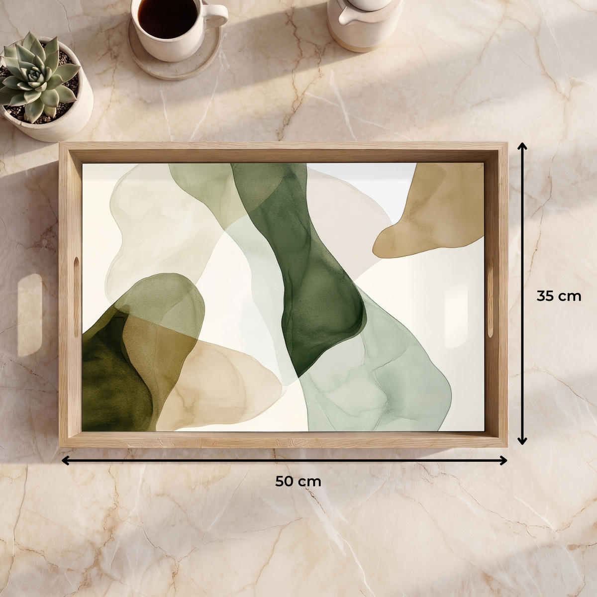 TABLETT - Japandi - Abstrakt - Grün - 50x35 cm - Grün, Holz (50/5/5cm) - OnlyWow