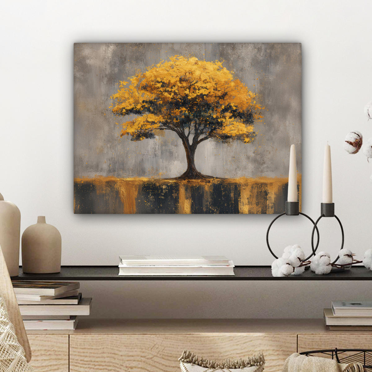 LEINWANDBILD Baum - Blätter - Gold - Abstrakt Wandbild 40x30 cm - Grau, Textil (40/30cm) - MuchoWow