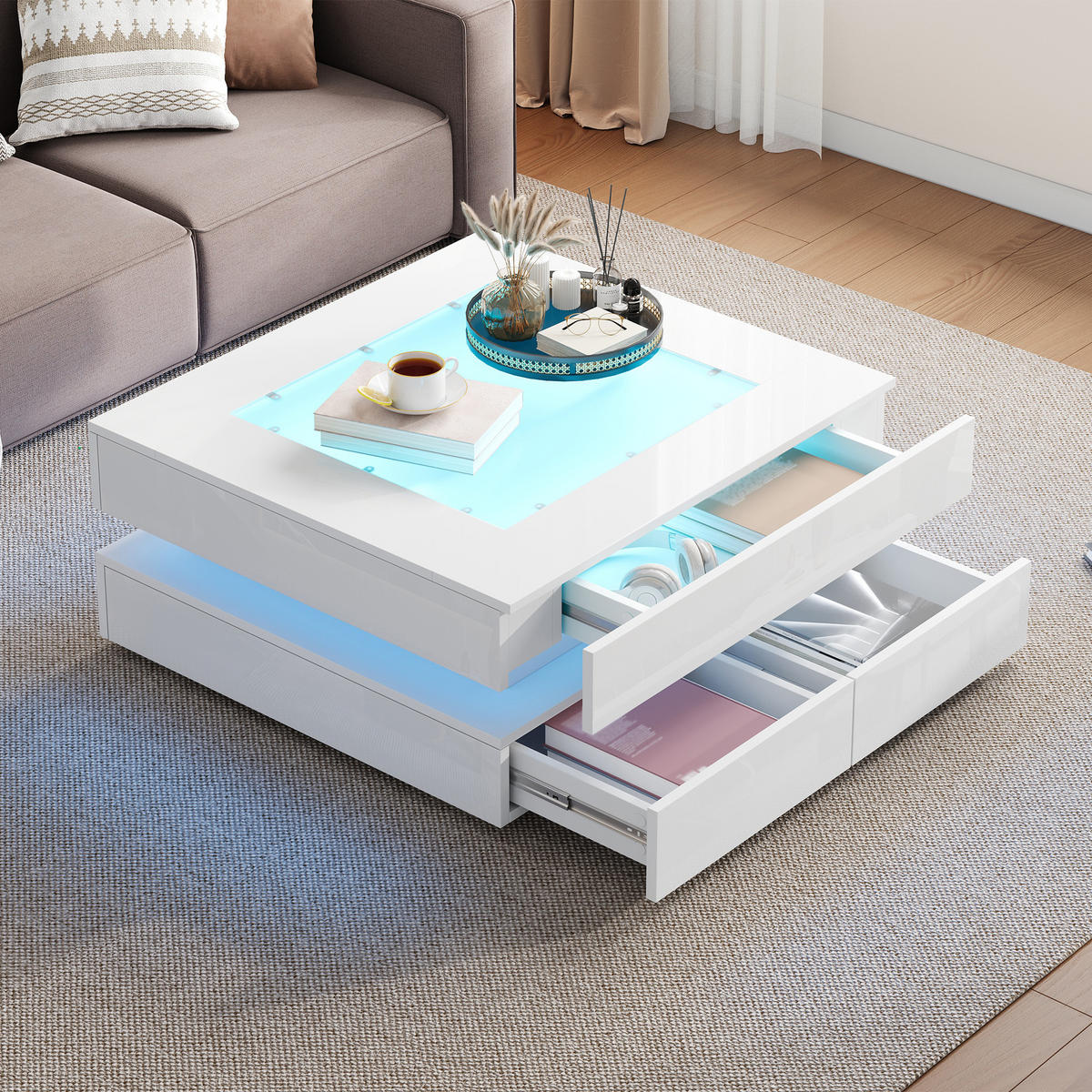 COUCHTISCH Weiß LED 3 Schubladen 70/70/35 cm - Weiß, Glas/Holzwerkstoff (70/70/35cm)