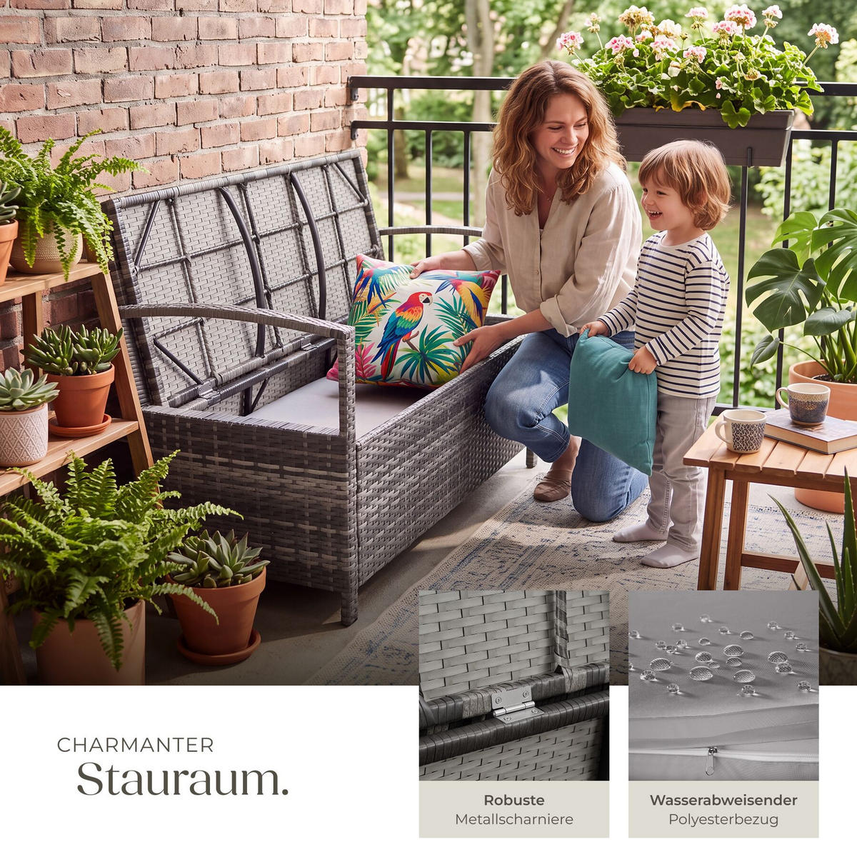 RATTAN-GARTENBANK Vecchia, 128 x 56 x 77,5 cm, inklusive Schutzhülle, grau - Grau, Kunststoff (128/77.5/56cm) - tectake