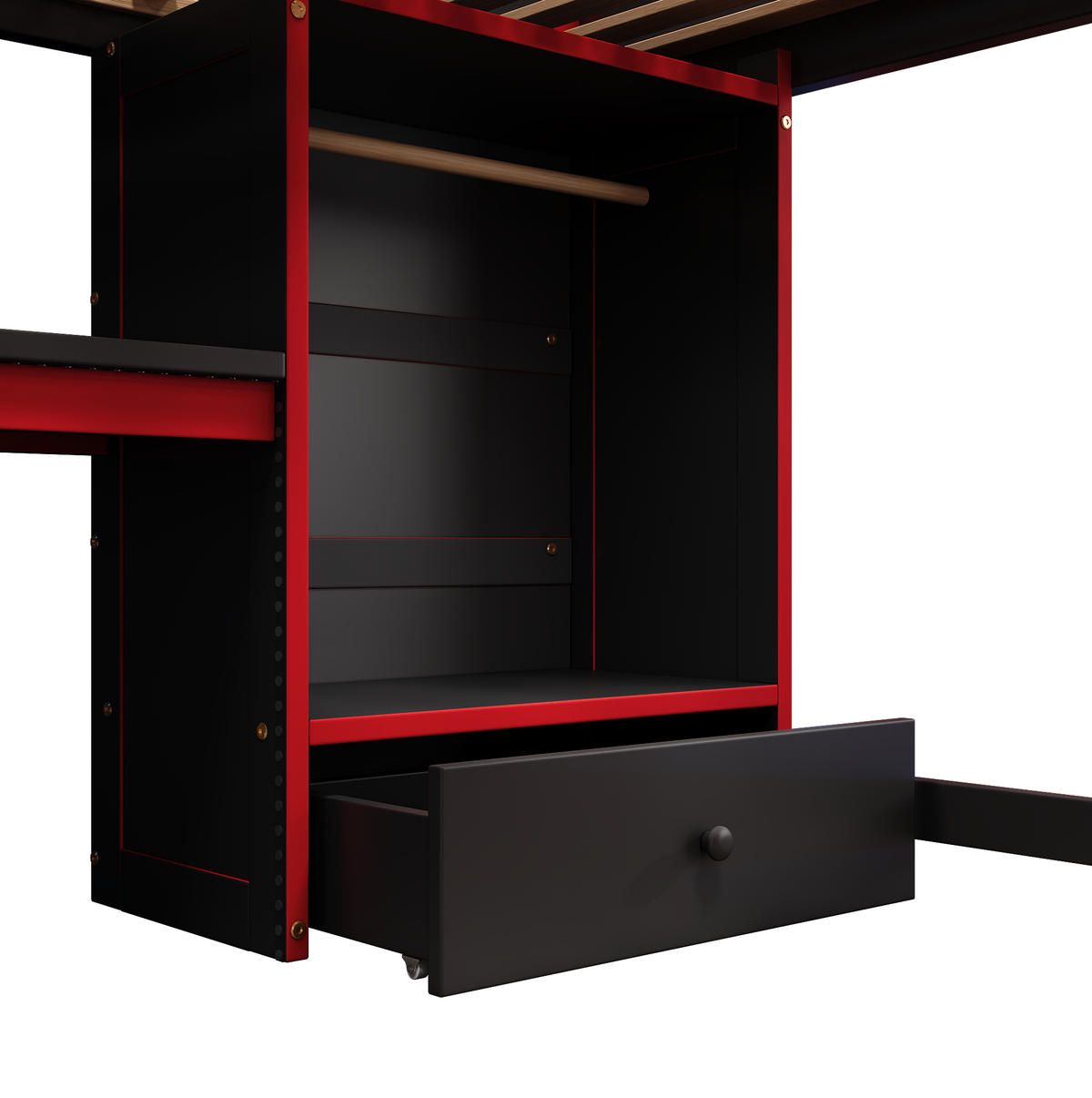HOCHBETT 140x200 cm Schwarz/Rot mit Schreibtisch, Kleiderschrank und RGB-Beleuchtung - Schwarz, Holz (140/200cm) - IVMEU