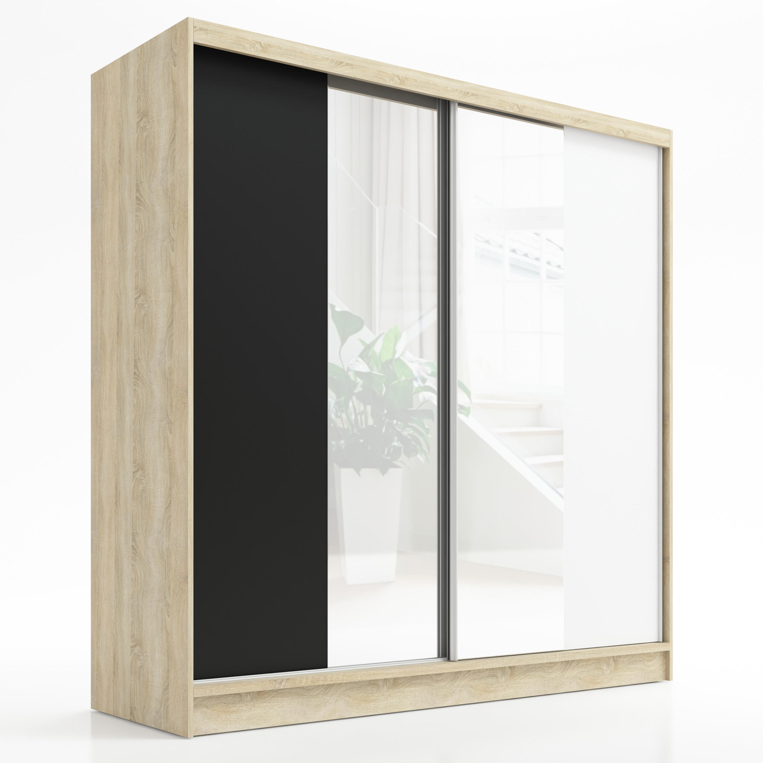 A&J MöbelLand Schwebetürenschrank Braun, Schwarz, Weiß 200x215x60 cm
