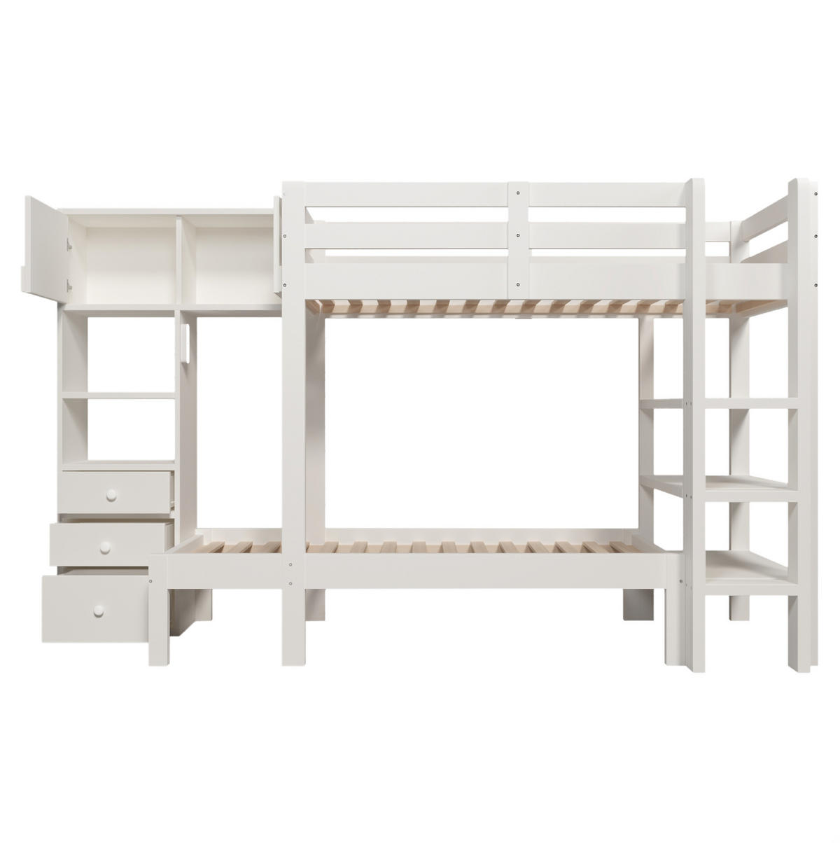 ETAGENBETT aus Massivholz und MDF 90x200 cm Weiß mit Nachtlicht, Schrank, Regal und Schubladen - Weiß, Metall (90/200cm) - Modfu