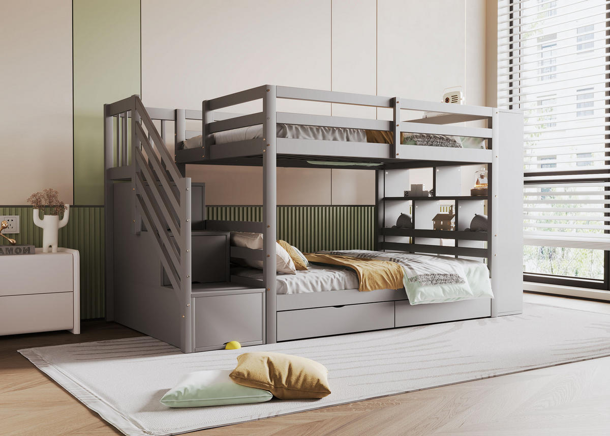 ETAGENBETT 90x200 cm Treppe Schubladen grau - Grau, Holz (90/200cm) - LEBENLANG