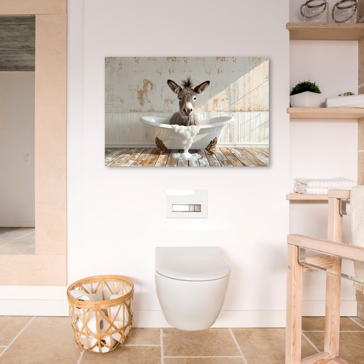 LEINWANDBILD Esel - Tiere - Badewanne - Schaumstoff Wanddeko 90x60 cm - Weiß, Textil (90/60cm) - MuchoWow