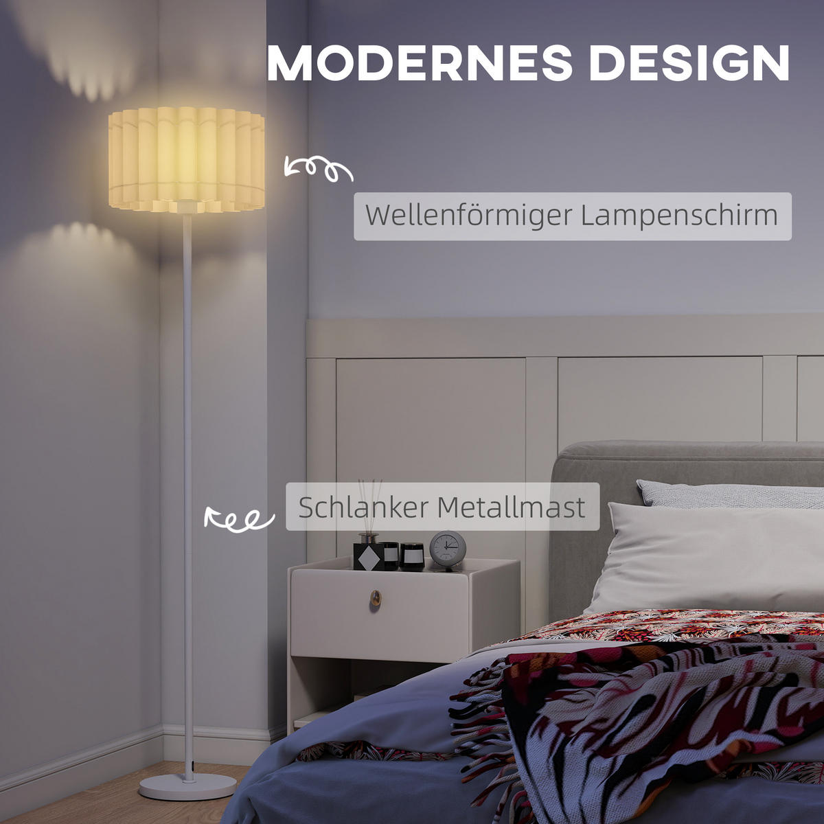 STEHLAMPE, Stehleuchte mit E27 Fassung, mit Wellenschirm für Wohnzimmer, Weiß - Weiß, Kunststoff (35/35/153cm) - HOMCOM