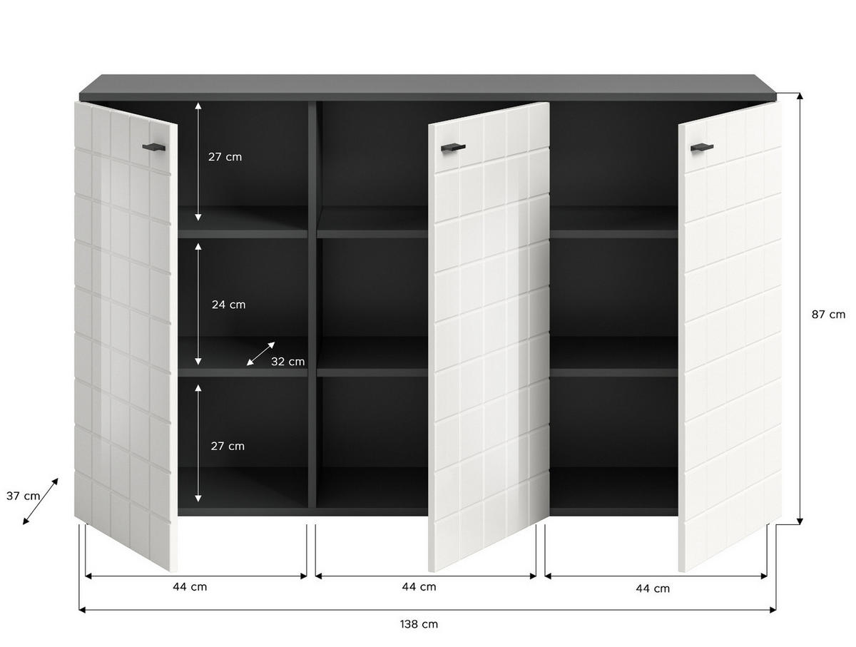 SIDEBOARD weiß Hochglanz, grau 138 cm, Kommode 3-türig - Weiß Hochglanz/Schwarz, Holzwerkstoff/Kunststoff (138/86/37cm) - Inn.Furn