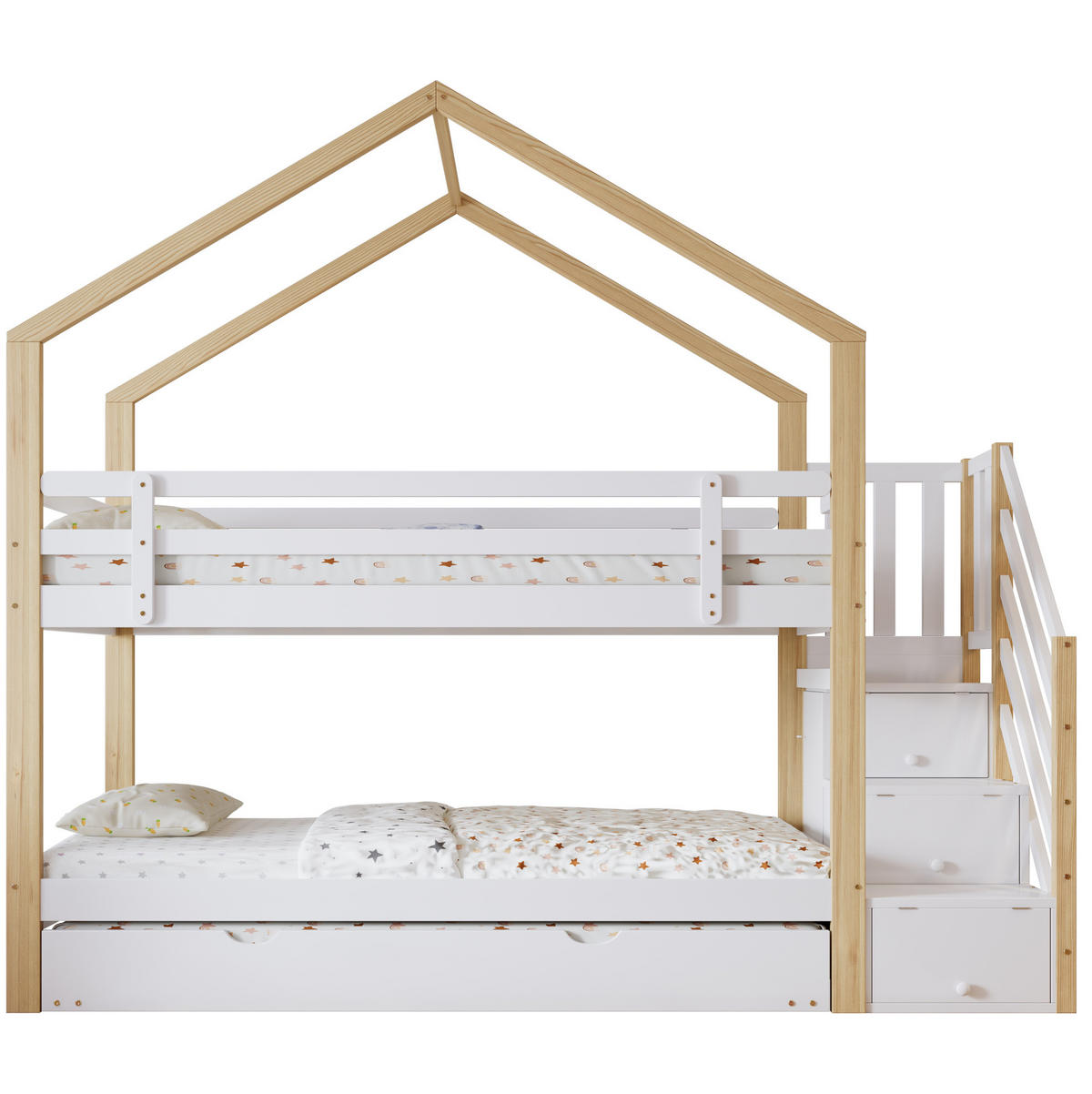 HAUSBETT 90/200 cm mit Ausziehbett 90/190 cm, Natur/Weiß, mit Treppe und Stauraum - Weiß, Holz (90/200cm) - Flora Grace