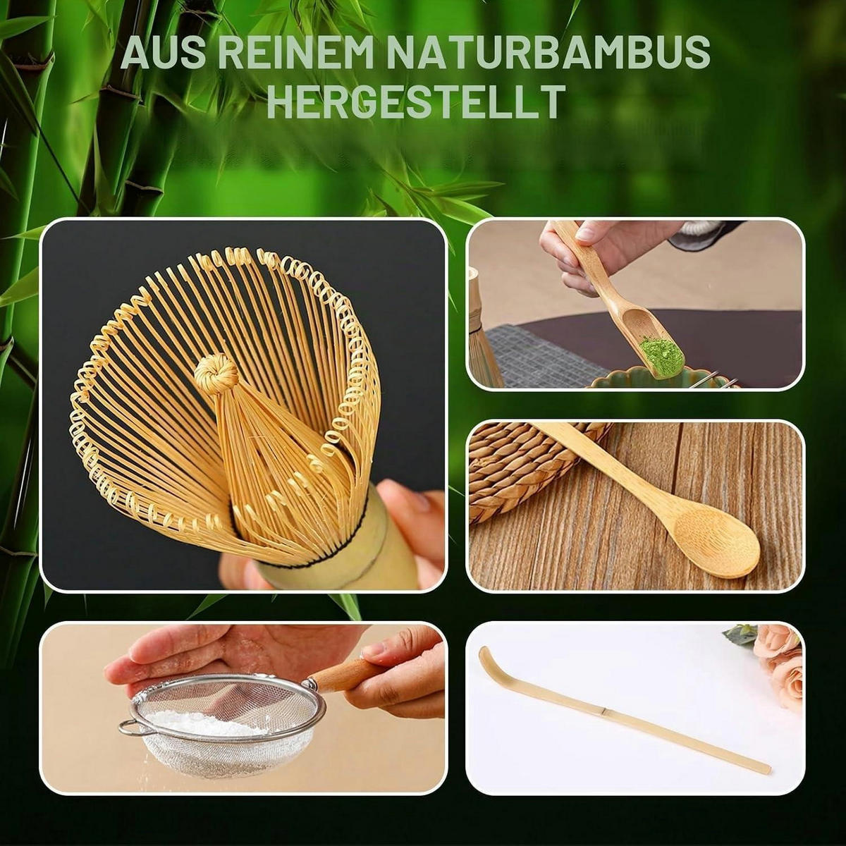 MATCHA Tee Set 9-teiliges Set mit Schale und Besen - Türkis, Keramik (14/7/14cm)