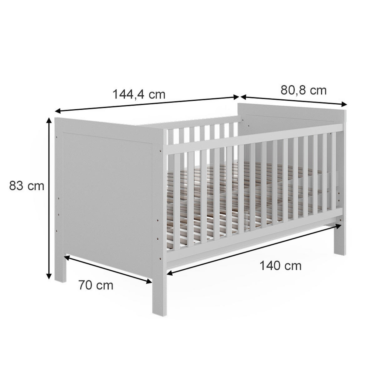 BABYBETT Ajaton Weiß 144.4 x 83 cm mit Matratze - Weiß, Holzwerkstoff (144.4/83/80.8cm) - VitaliSpa