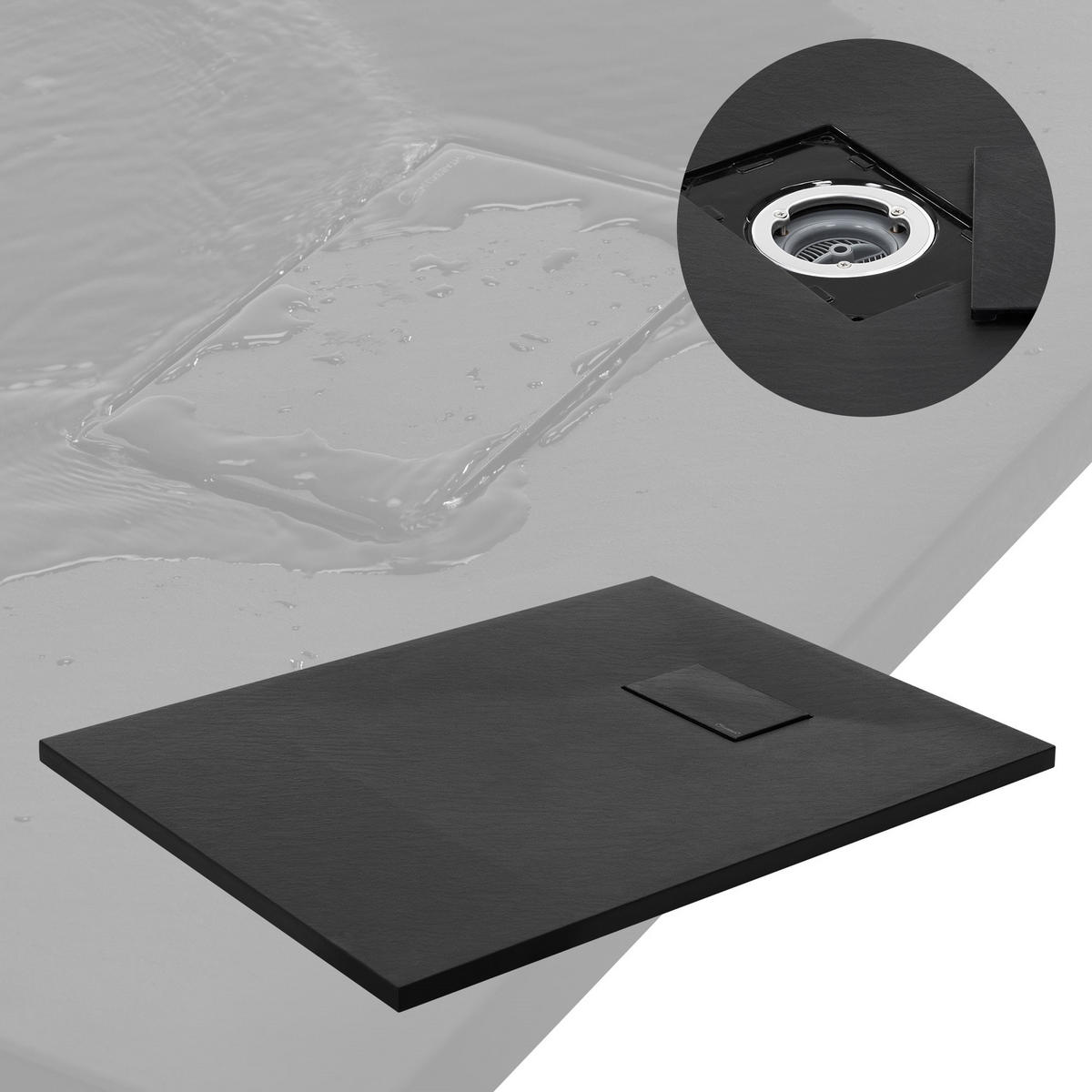 DUSCHWANNE 90x70 cm Schwarz mit Ablaufgarnitur aus SMC - Schwarz, Kunststoff (70/3/90cm) - LuxeBath