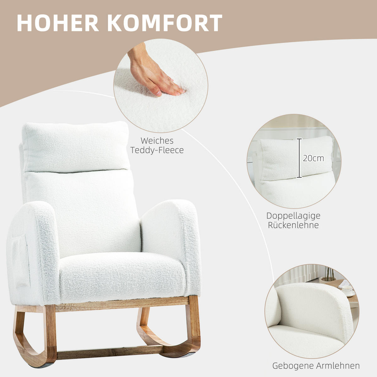 SCHAUKELSTUHL, ergonomisch Schwingsessel, Armlehnsessel, Stillsessel Cremeweiß - Weiß, Kunststoff (96/107/70cm) - HOMCOM