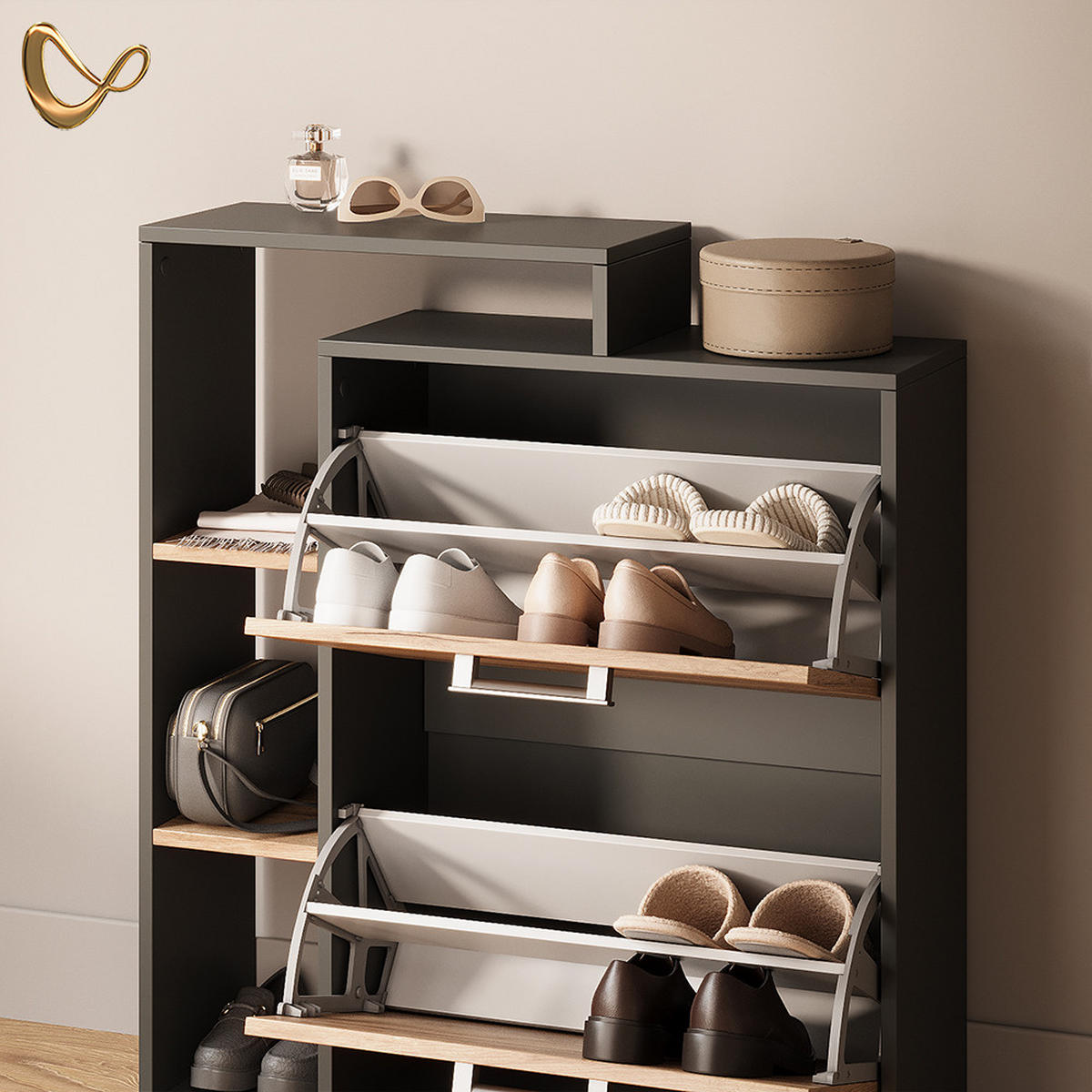 SCHUHKIPPER Ortello Goldkraft Eiche/Anthrazit 24.5 x 90 cm 2 Fächern - Honigeiche/Anthrazit, Holzwerkstoff (24.5/90/80cm) - Livinity®