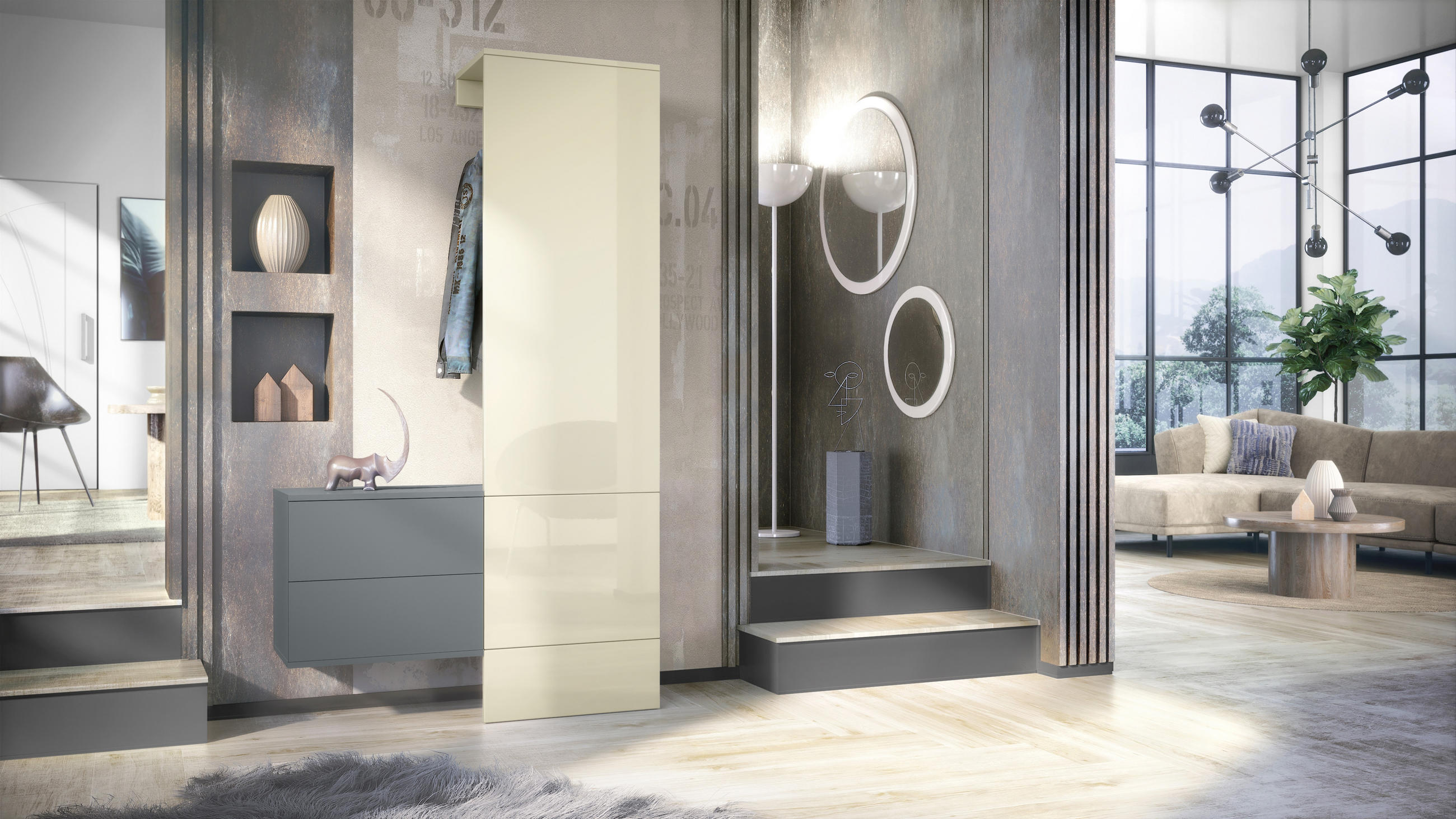 GARDEROBE Carlton Paneel in Creme Hochglanz - Creme, Holzwerkstoff (105/193/35cm) - Vladon