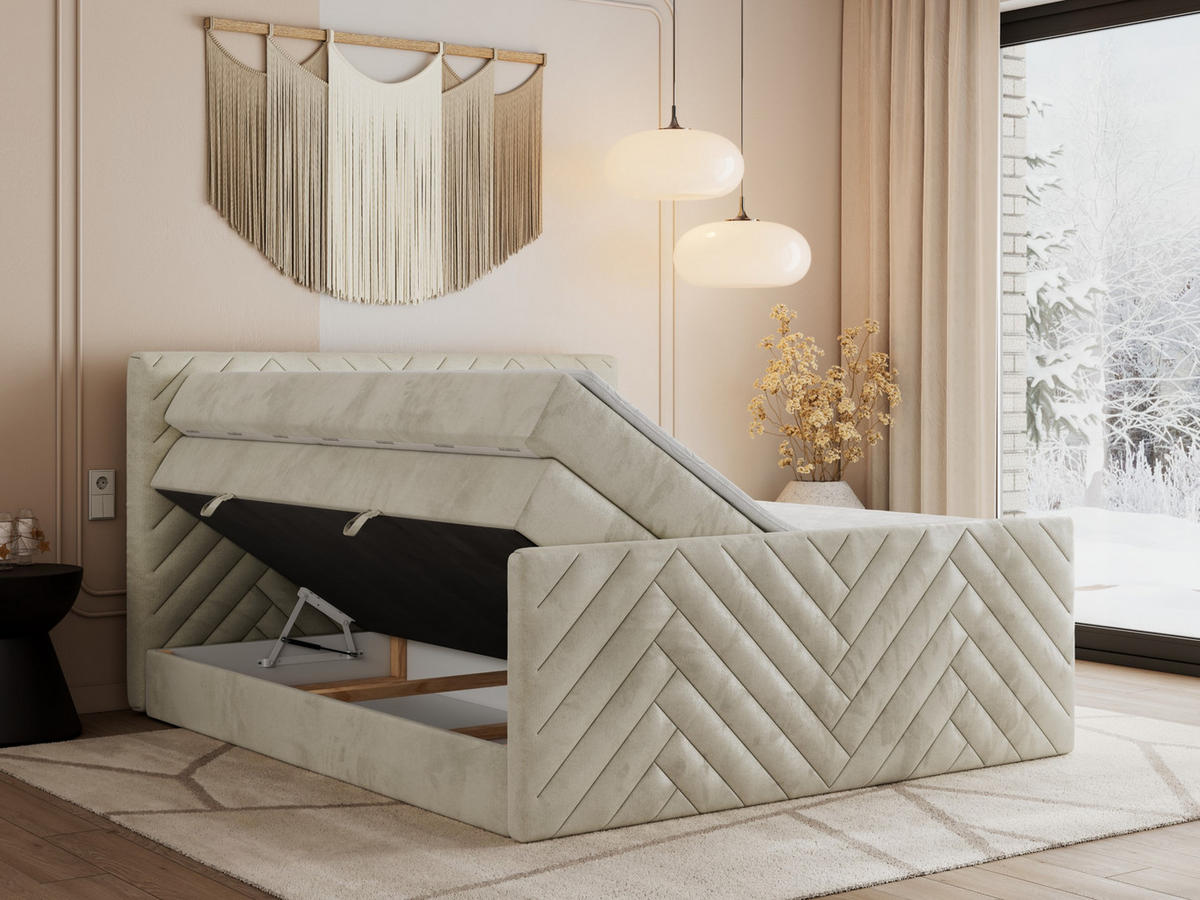BOXSPRINGBETT PARIS KING DUO - 160/200 - Beige Velvet - H3 - Beige, Holz/Textil (160/200cm) - MKS