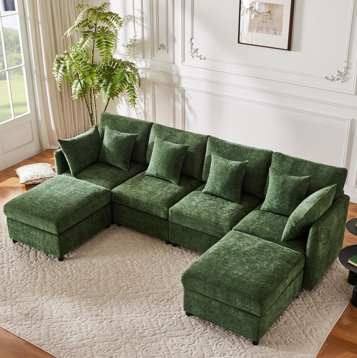 SOFA modular 278x161 cm Chenille Green mit 2 Hockern und 6 Kissen - Grün, Holzwerkstoff (161/81/278cm) - Meubliv