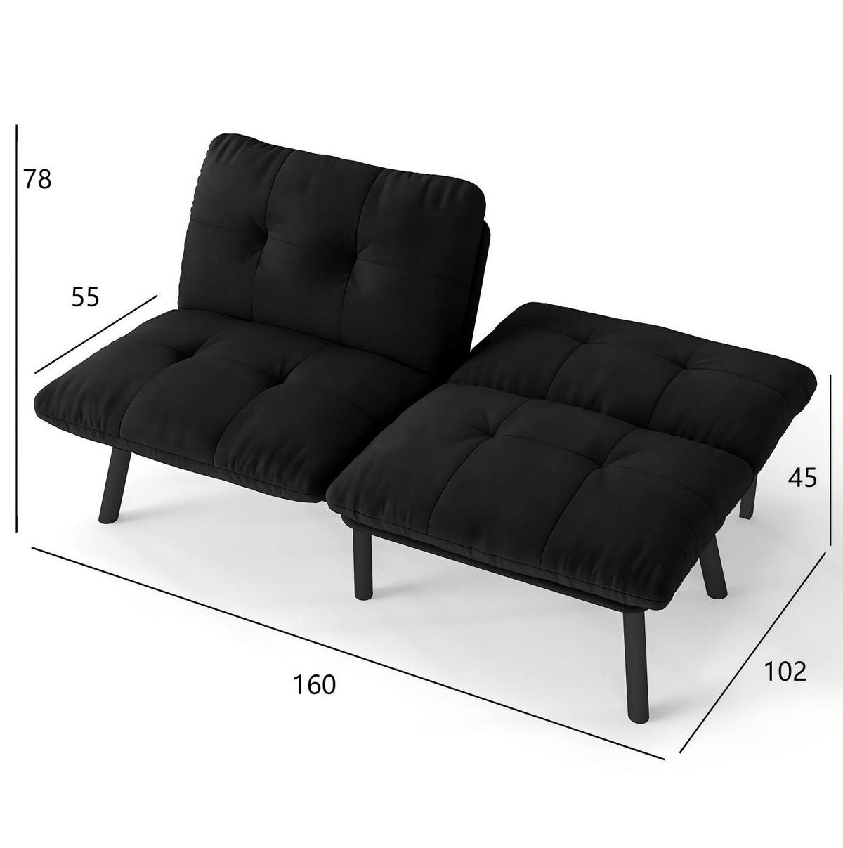 SOFA-BETT klappbar Schwarz Samt - Schwarz, Metall (160/78/81cm) - Meubliv