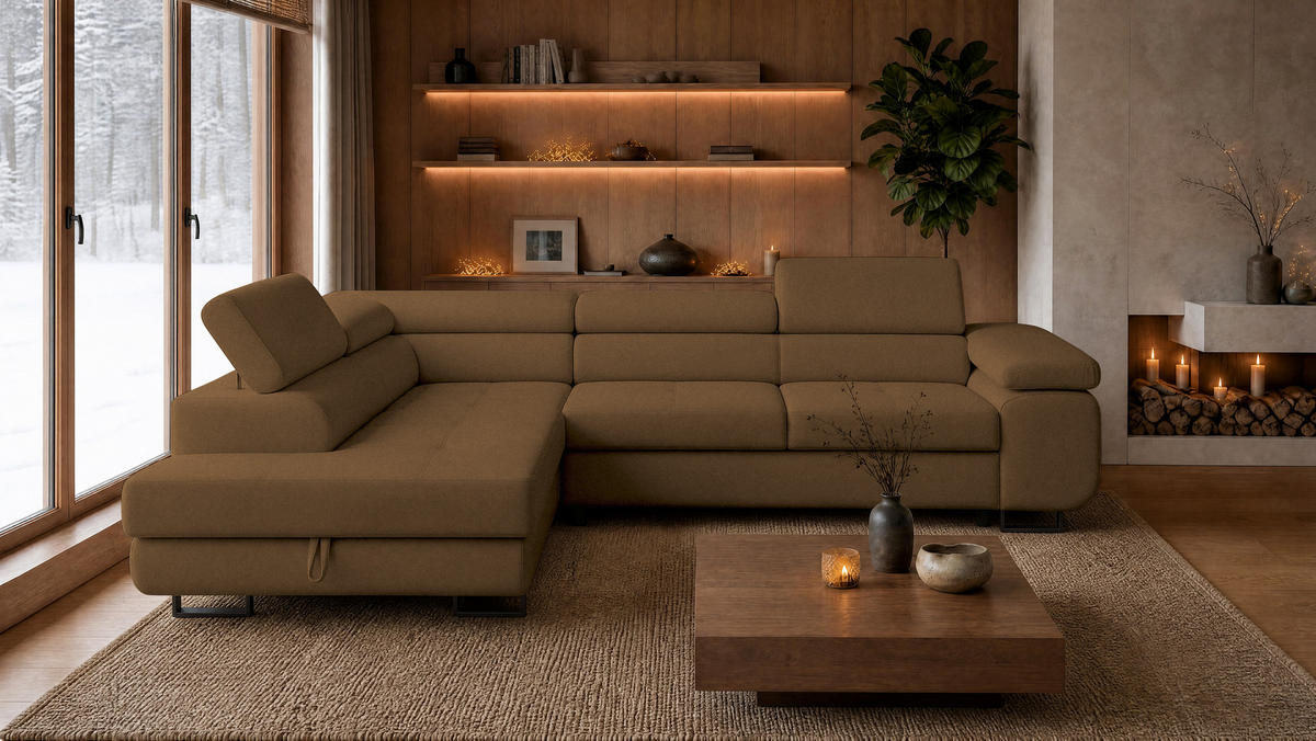 ECKSOFA Velmo mit Bettkasten und Schlaffunktion, verstellbaren Kopfstützen, in L-Form - Braun, Textil (275/203cm)