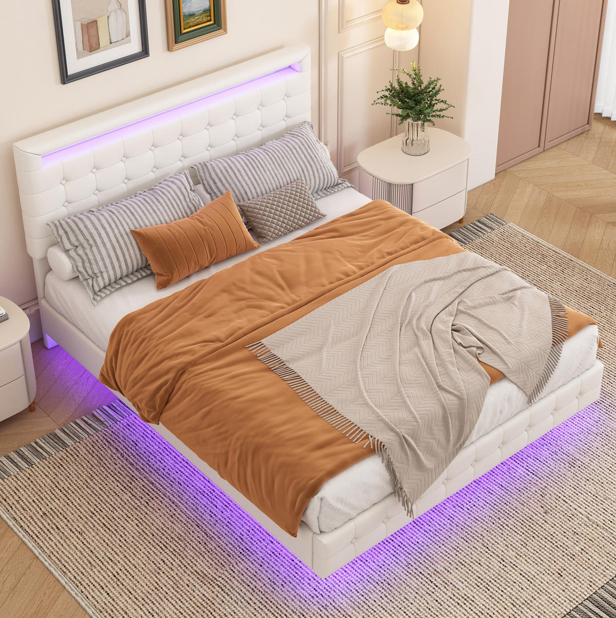POLSTERBETT 140/200 cm in Weiß aus PU mit LED-Beleuchtung und verstellbarem Kopfteil - Weiß, Leder (140/200cm) - Flora Grace