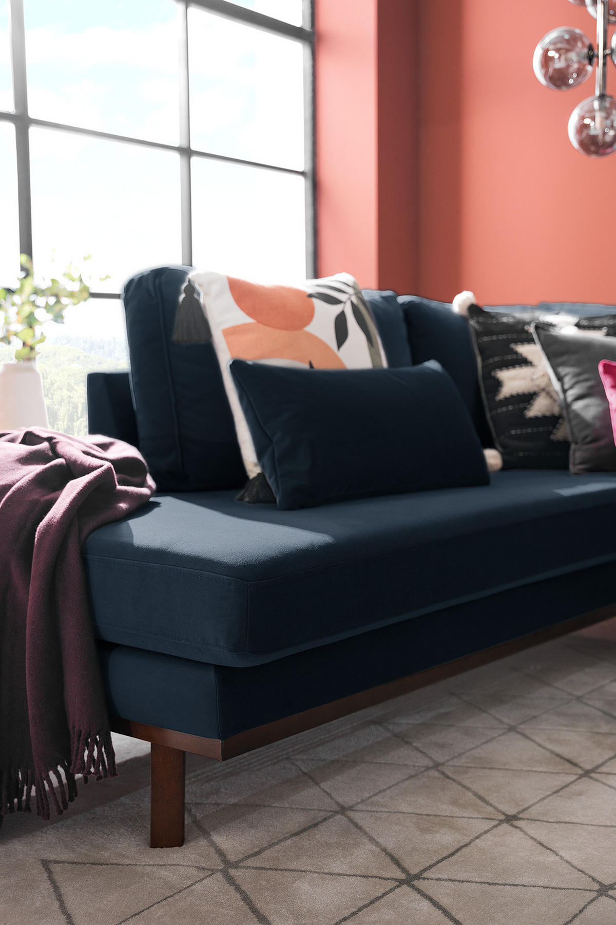 ECKSOFA mit Ottomane - Buchefarben/Dunkelblau, Buchenholz/Textil (287/219cm) - home24