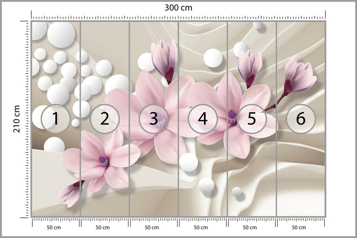 FOTOTAPETE für Wohnzimmer BLUMEN Magnolien ROSA Welliges Raumhintergrund 300x210 - Beige/Rosa, Papier (300/210cm) - Muralo